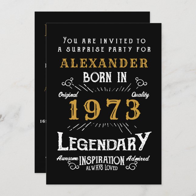 50th Birthday Born 1973 Black Gold Retro Invitation (Front/Back)
