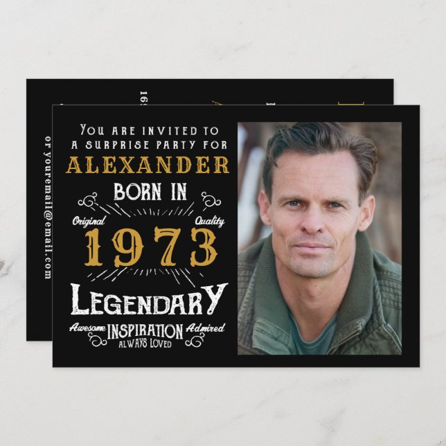 50th Birthday Born 1973 Black Gold Retro Photo Invitation (Front/Back)