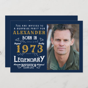 50th Birthday Born 1973 Blue Gold Retro Invitation