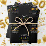 50th Birthday born 1976 Add Name Black Gold Wrapping Paper Sheet<br><div class="desc">A personalized wrapping paper design for that birthday celebration for a special person. Add the name to this vintage retro style black and gold design for a custom birthday gift. Easily edit the name and year with the template provided. A wonderful custom birthday gift. More gifts and party supplies for...</div>