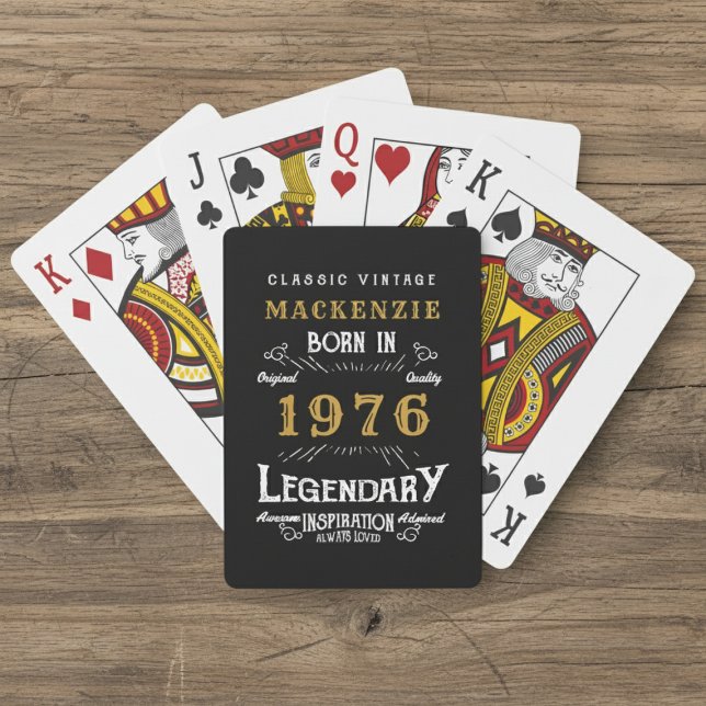 50th Birthday Born 1976 Legend Black Gold Playing Cards (Born 1976 playing cards. Wood background.)