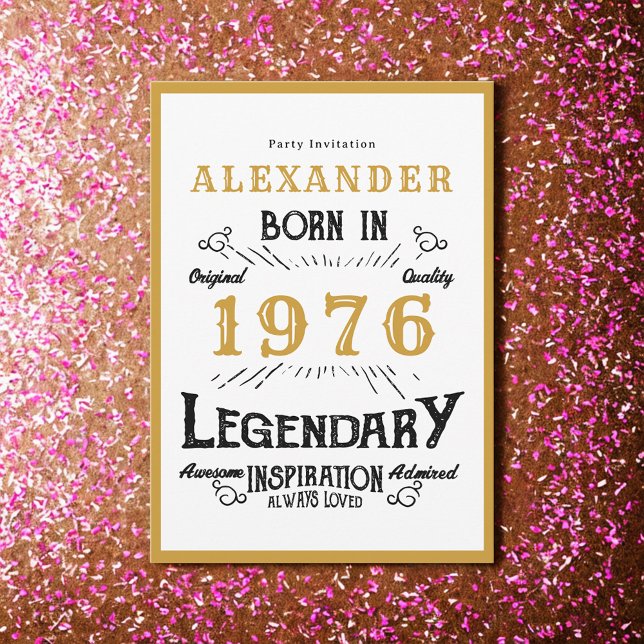 50th Birthday Born 1976 White Gold Legend Invitation (Born 1976 birthday invitation.)