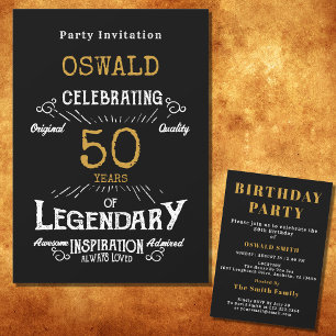 50th Birthday Born Legendary Black Gold Retro Invitation