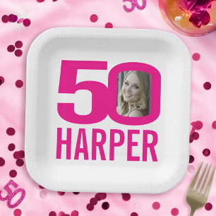 50th birthday bright pink white 50 custom photo paper plate