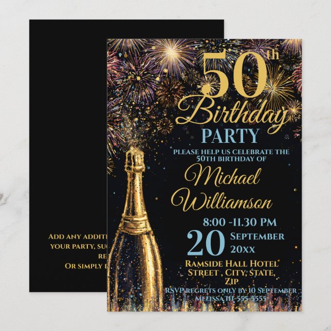 50th Birthday Bubbly Fireworks Gold Blue Invitation (Front/Back)