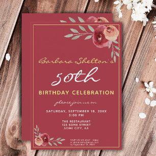 50th Birthday Burgundy Floral Birthday Party Invitation
