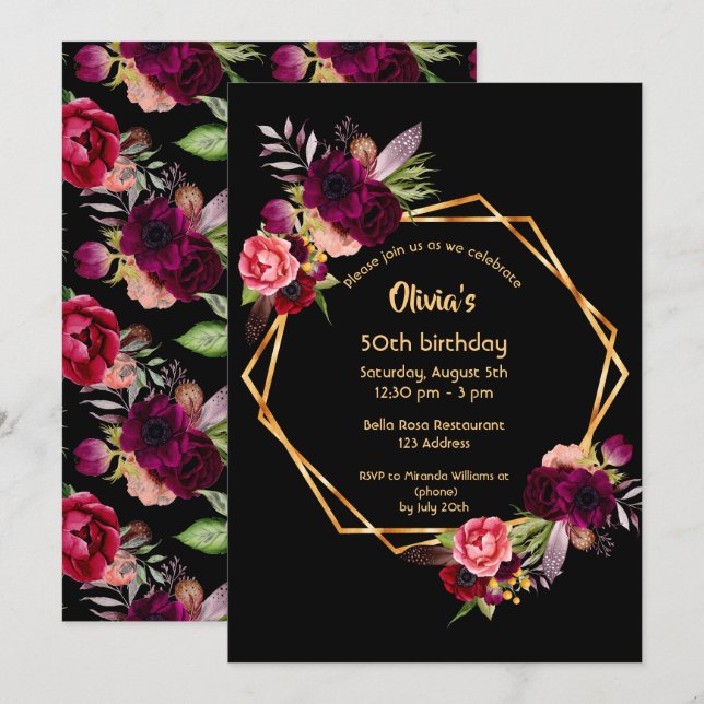 50th birthday burgundy floral gold geometric black invitation (Front/Back)