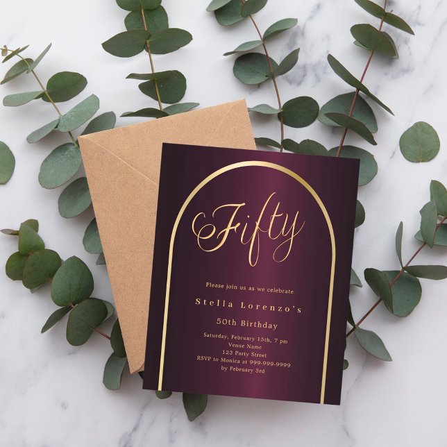 50th birthday burgundy gold arch invitation (Creator Uploaded)
