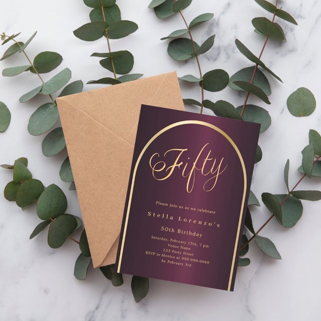 50th birthday burgundy gold arch script luxury invitation (Creator Uploaded)