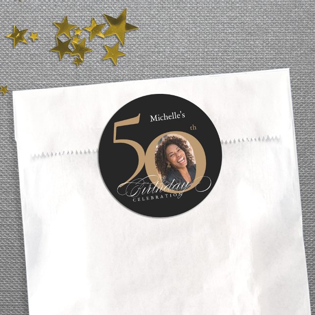 50th Birthday Calligraphy Gold Black Elegant Photo Classic Round Sticker (50th Birthday Calligraphy Gold Black Elegant Photo Classic Round Sticker)
