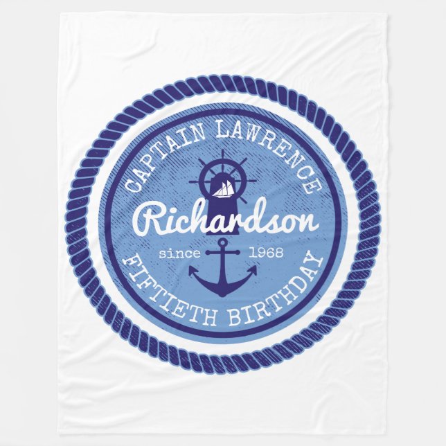 50th Birthday Captain Nautical Rope Anchor Helm Fleece Blanket (Front)