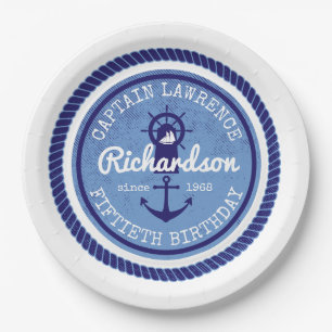 50th Birthday Captain Nautical Rope Anchor Helm Paper Plate