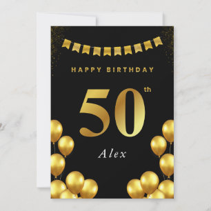 50th Birthday Card Black and Gold Balloons