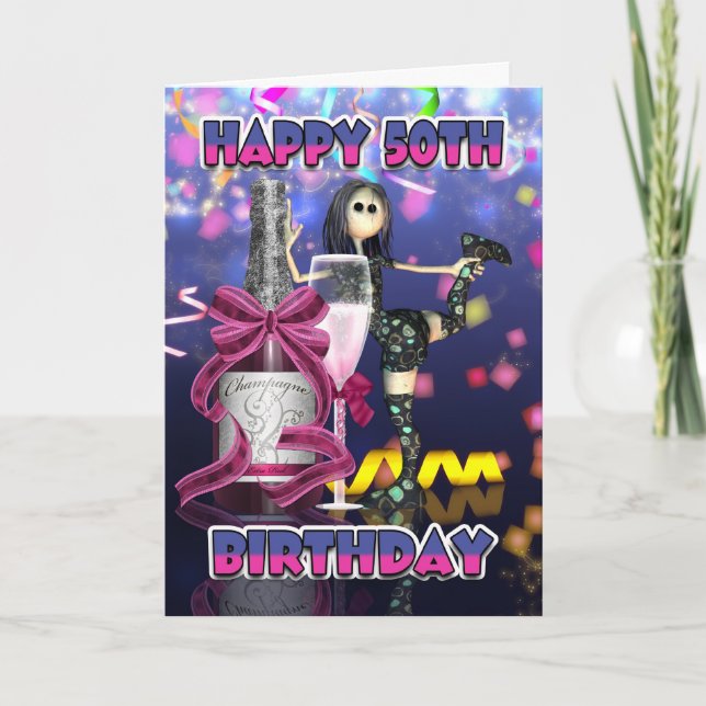 50th Birthday Card - Champagne Rag Doll (Front)