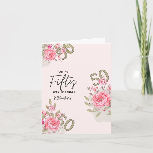 50th Birthday Card, Custom name floral Card (Front)