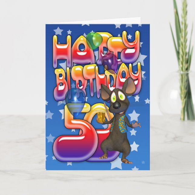 50th Birthday Card cute with little mouse (Front)