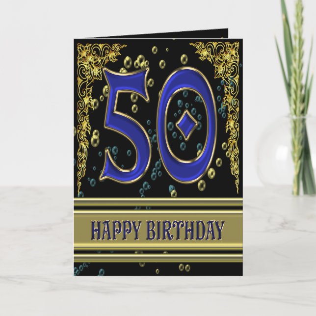 50th birthday card with gold and bubbles (Front)
