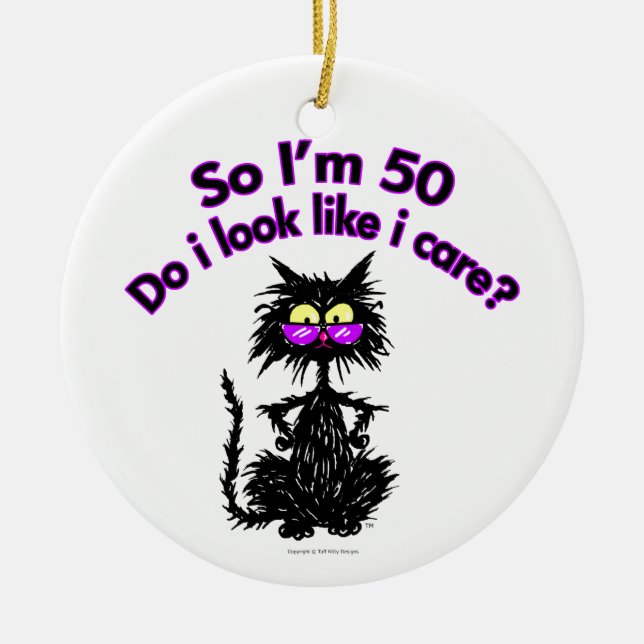 50th Birthday Cat Ceramic Tree Decoration (Front)