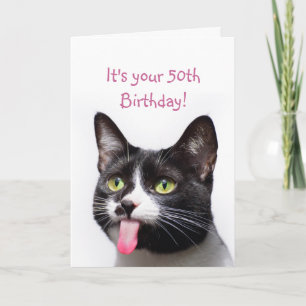 50th Birthday Cat Sticking out Tongue Funny Humou Card