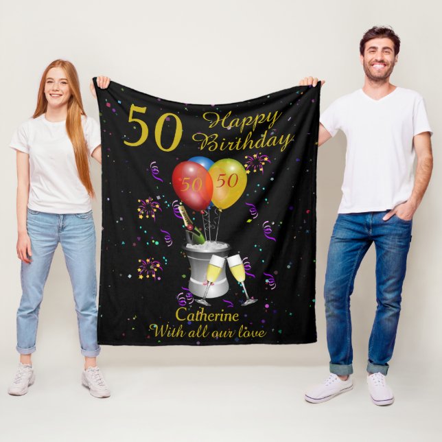 50th Birthday Celebration Black Gold Fleece Blanket (In Situ)