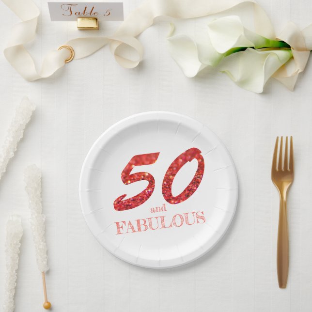 50th Birthday Celebration Coral Glitter Sparkle Paper Plate (Wedding)