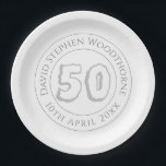 50th Birthday Celebration Personalised Paper Plate<br><div class="desc">50th birthday paper plates. Commemorative birthday celebration party plate with person's name,  and the date of their birthday. A paper plate for someone who is 50.</div>