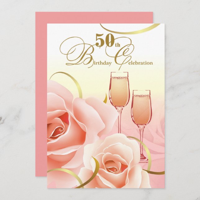 50th Birthday Celebration. Pink Peach Roses Invitation (Front/Back)
