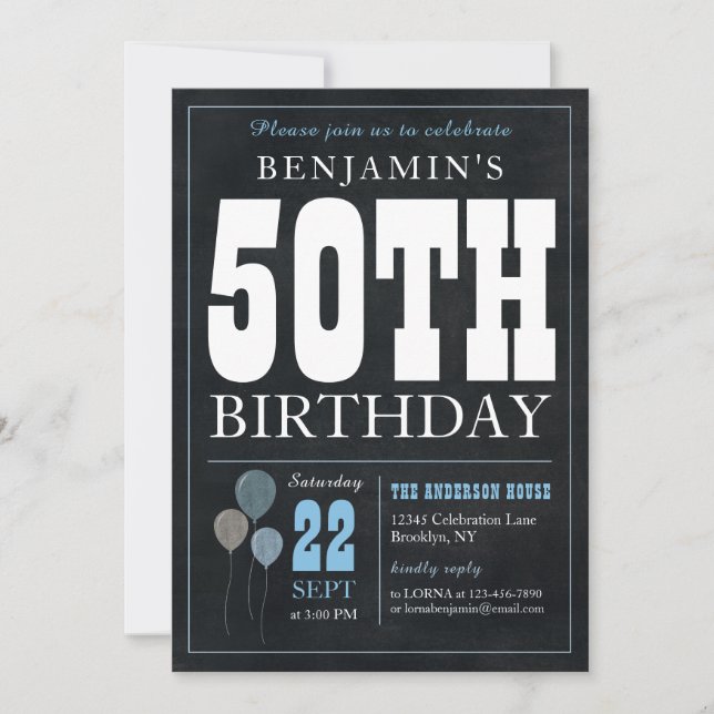 50th Birthday Chalkboard Blue Balloon Rustic Chic Invitation (Front)