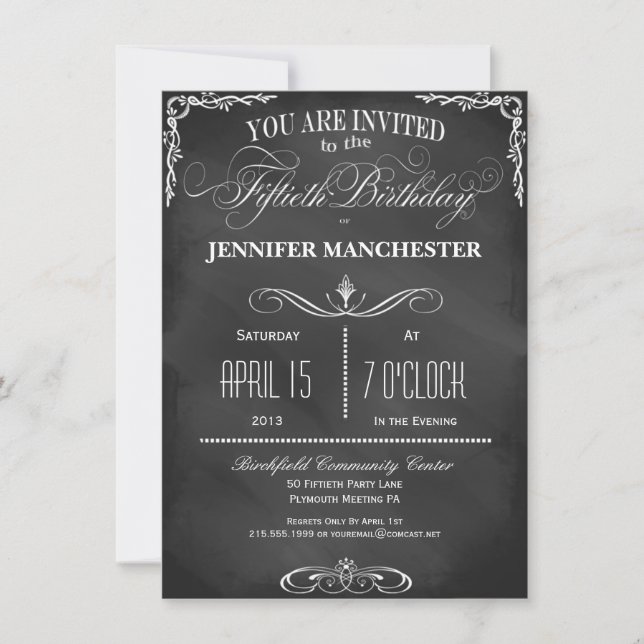 50th Birthday Chalkboard Typography Party Invite (Front)