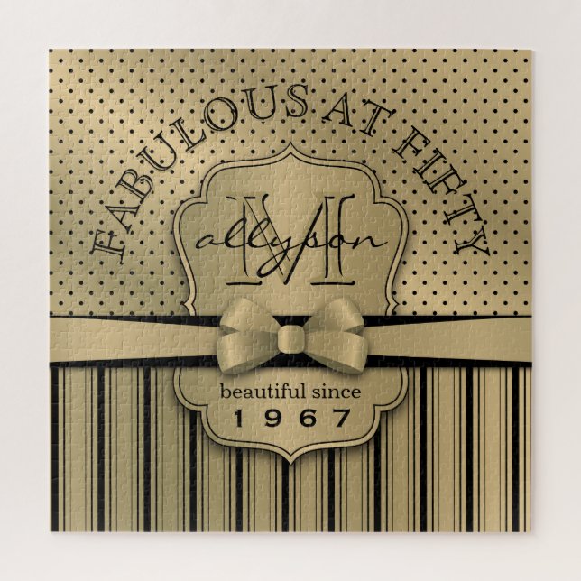 50th Birthday Champagne Gold Polka Dot Stripes Bow Jigsaw Puzzle (Vertical)