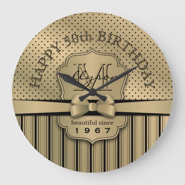 50th Birthday Champagne Gold Polka Dot Stripes Bow Large Clock (Front)