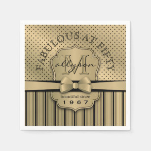 50th Birthday Champagne Gold Polka Dot Stripes Bow Napkin
