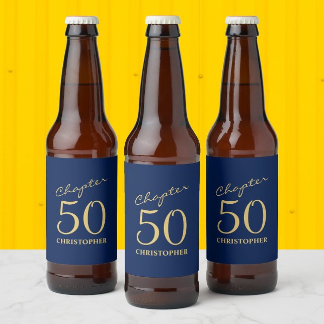 50th Birthday Chapter 50 Blue Gold Beer Bottle Label (Personalized 50th birthday beer bottle labels in blue and gold.)