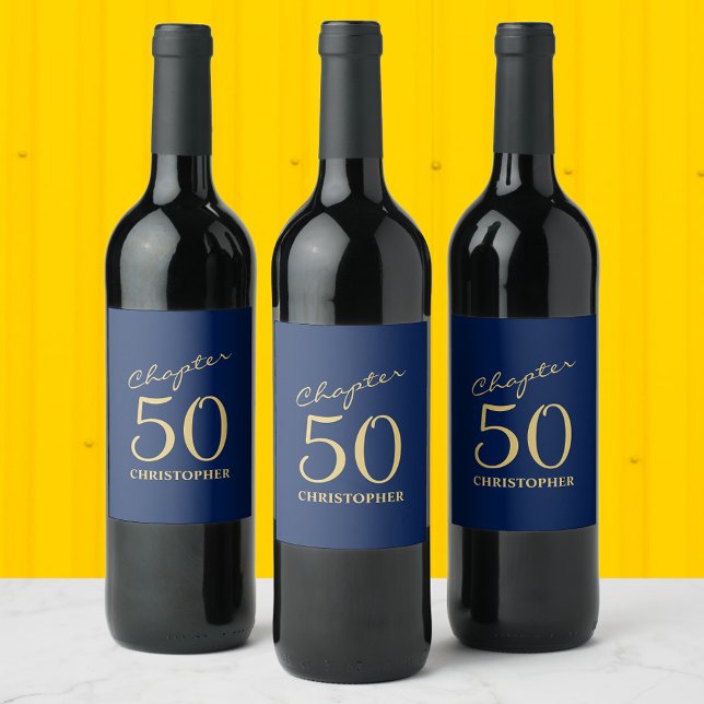 50th Birthday Chapter 50 Blue Gold Wine Label (Personalized 50th birthday wine bottle labels in blue and gold)