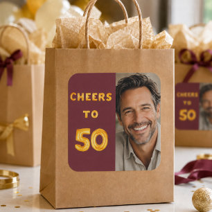 50th birthday cheers 50 burgundy gold photo square sticker