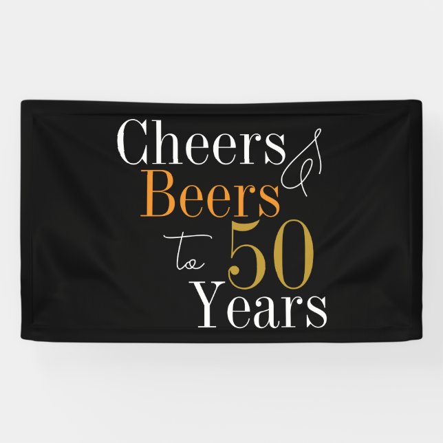 50th Birthday Cheers and Beers Black Gold Party Banner (Horizontal)