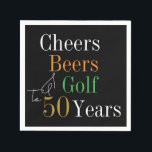 50th Birthday Cheers and Beers Golf Black and Gold Napkin<br><div class="desc">This is a cool and modern, 50th birthday, golf party design. It is a simple, minimal design, in classic black and gold typography with pops of orange and green. Perfect for a cool and fun, golf and beer themed, 50th birthday party. This design is fully customisable, simply use the personalise...</div>