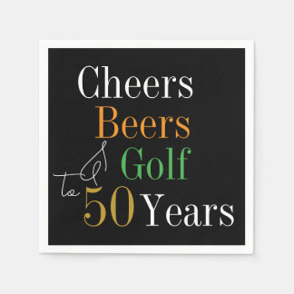 50th Birthday Cheers and Beers Golf Black and Gold Napkin