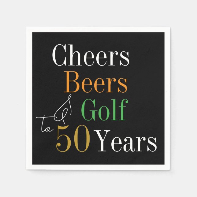 50th Birthday Cheers and Beers Golf Black and Gold Napkin (Front)