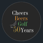 50th Birthday Cheers Beers Golf Black and Gold Classic Round Sticker<br><div class="desc">This is a cool and modern, 50th birthday, golf party design. It is a simple, minimal design, in classic black and gold typography with pops of orange and green. Perfect for a cool and fun, golf and beer themed, 50th birthday party. This design is fully customisable, simply use the personalise...</div>