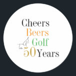 50th Birthday Cheers Beers Golf Party Classic Round Sticker<br><div class="desc">This is a cool and modern, 50th birthday, golf party design. It is a simple, minimal design, in classic black and white, with pops of orange, green and gold coloured typography. Perfect for a cool and fun, golf and beer themed, 50th birthday party. This design is fully customisable, simply use...</div>