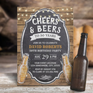 50th Birthday Cheers & Beers Rustic Chalkboard Invitation