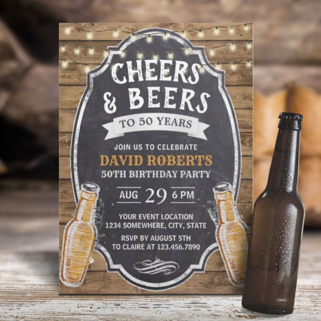 50th Birthday Cheers & Beers Rustic Chalkboard Invitation (Creator Uploaded)