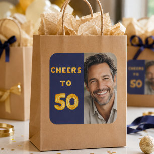 50th birthday cheers to 50 navy blue gold balloon square sticker
