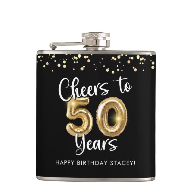50th Birthday Cheers to 50 Years Black Gold Hip Flask (Front)
