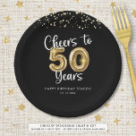 50th Birthday Cheers to 50 Years Black Gold Paper Plate<br><div class="desc">Celebrate a 50th birthday for him or her with these modern and festive personalised party paper plates featuring the title CHEERS TO 50 YEARS with faux metallic gold balloon numbers and script typography, gold confetti and your custom text in your choice of background colour (shown in black). ASSISTANCE: For help...</div>