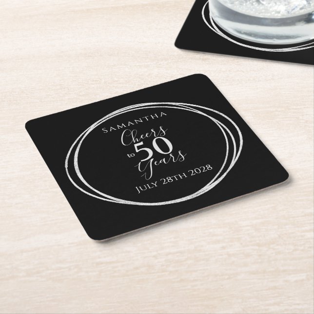 50th Birthday Cheers to 50 Years Black Silver Square Paper Coaster (Angled)