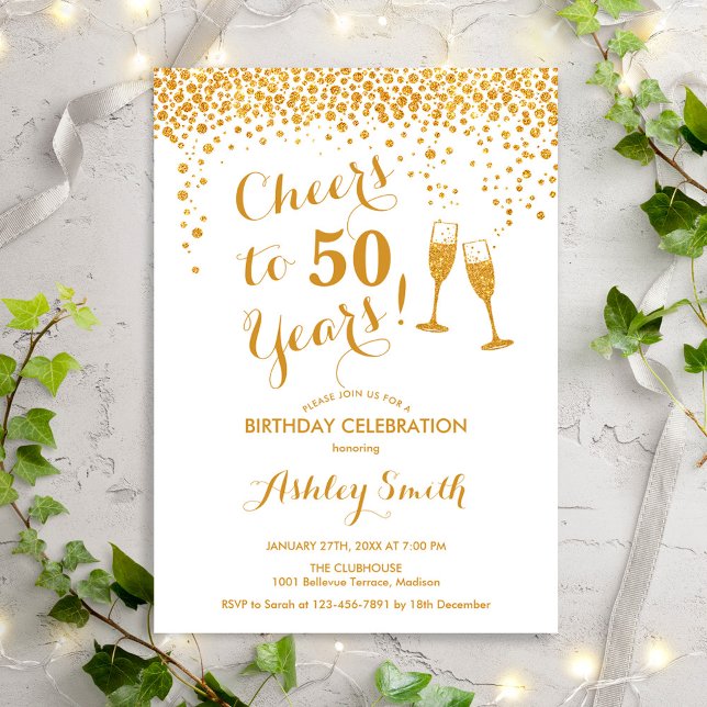 50th Birthday - Cheers To 50 Years Gold White Invitation (Creator Uploaded)
