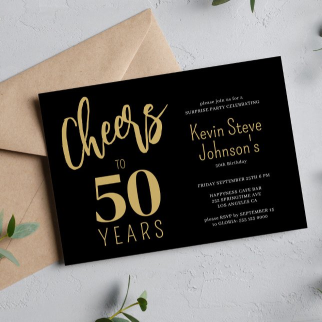 50th Birthday cheers to 50 years modern gold black Invitation (Creator Uploaded)