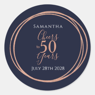 50th Birthday Cheers to 50 Years Navy Rose Gold Classic Round Sticker